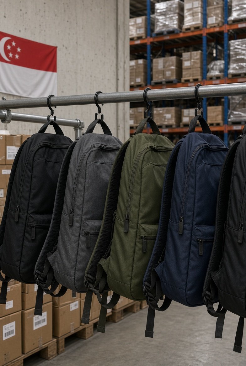 Backpacks hanging on a display rail in a wholesale showroom
