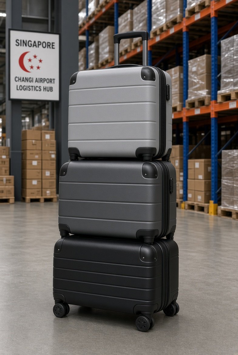 Stacked check-in luggage cases and three-piece nested sets