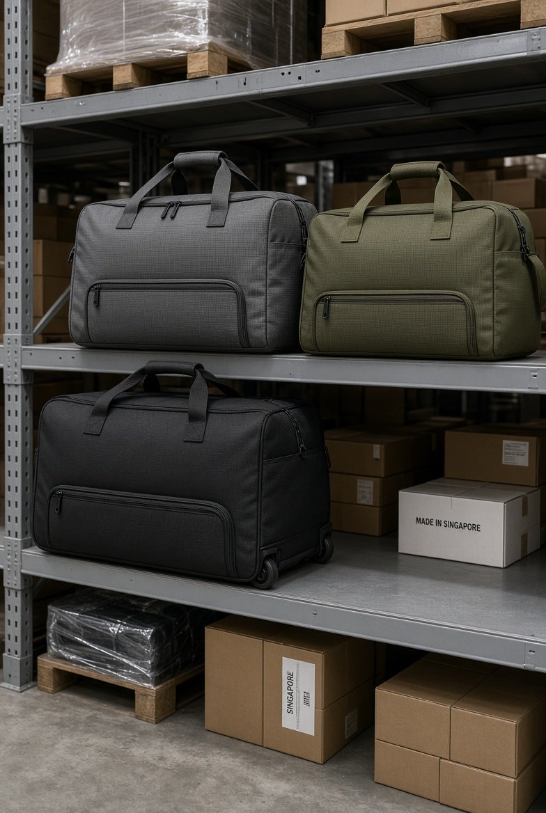 Duffel and gym bags stacked in a wholesale warehouse