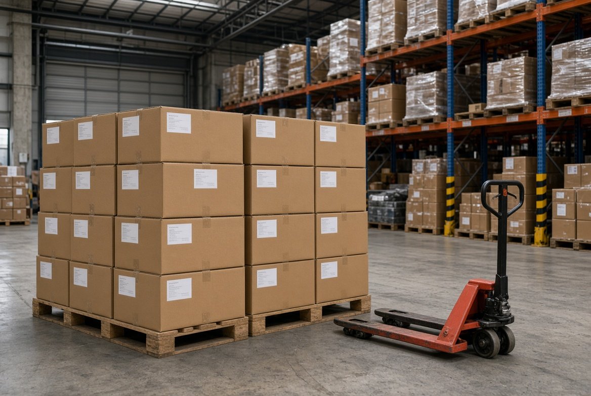 Cartons of wholesale bags and luggage stacked and labelled for despatch in a Singapore warehouse